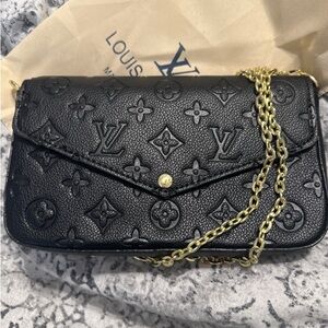 Louis Vuitton Black Embossed Leather Clutch with Gold Chain